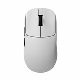 VXE MAD R Series white wireless gaming mouse, ice-feeling coating, black scroll wheel and side buttons. Product showcase.